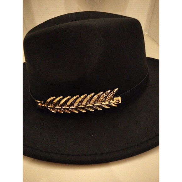 Black wide brim hat gold leaf band men women size 57 cm - Picture 7 of 7